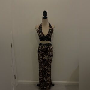 EGO Leopard Print Halter Dress with Black Lace